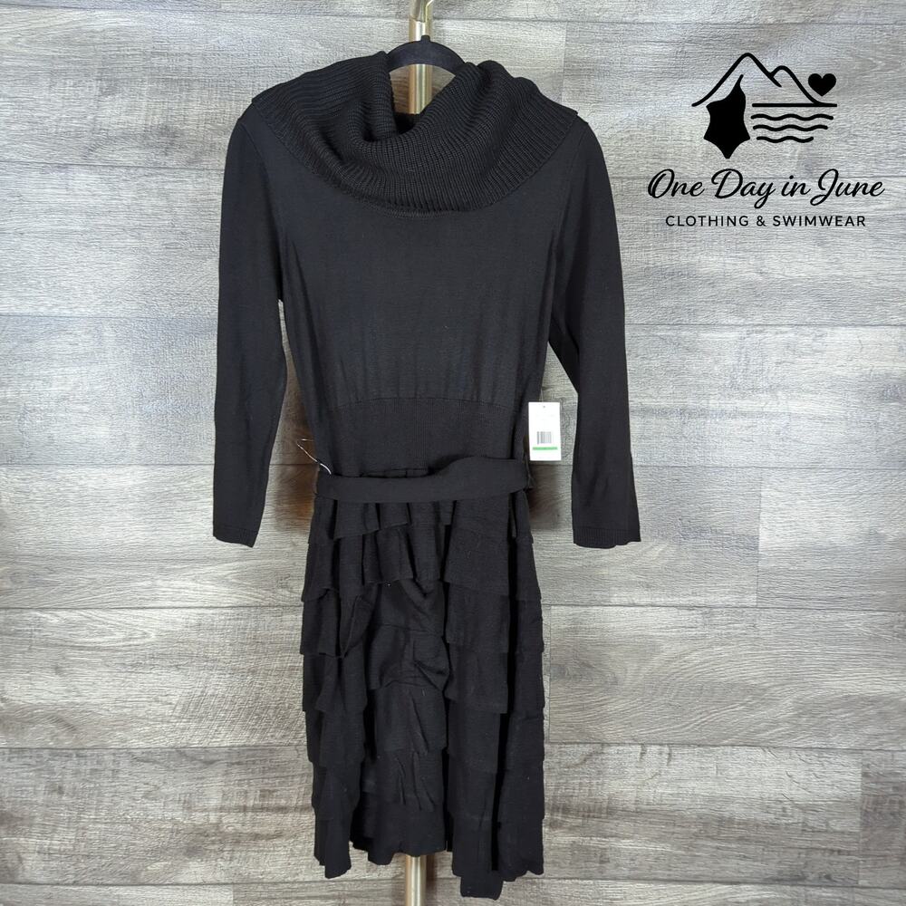 J Howard Cowl Neck Sweater Dress Black Tiered Ruffle Belted NWT Size L